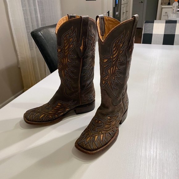 Lucchese Brown Leather Cut Out Embroidered‎ Cowboy Boots Women's Sz 7 B M3683 - Picture 2 of 12